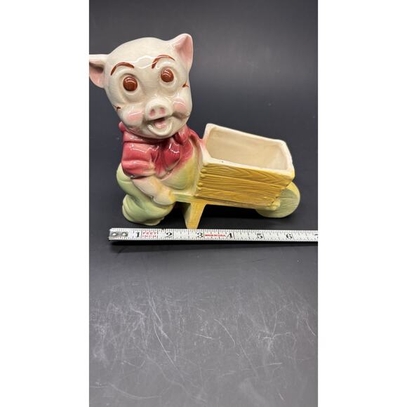 Vintage 1950s Shawnee Pottery Pig Planter, "Smiley Porky Pig" w/Wheelbarrow - Picture 10 of 15